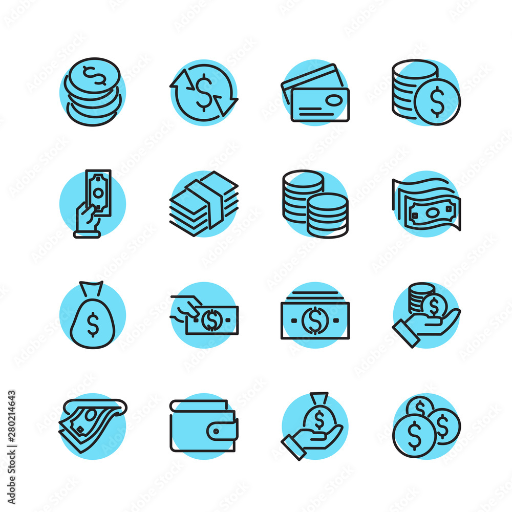 Poster simple of money related vector line icons set. wallet, atm, bundle of money, hand with a coin and mo
