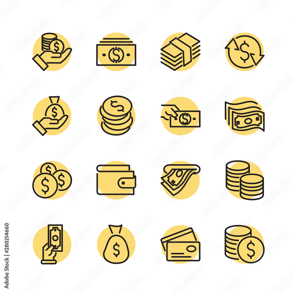 Poster simple of money related vector line icons set. wallet, atm, bundle of money, hand with a coin and mo