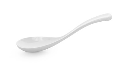empty ceramic spoon for soup on white background