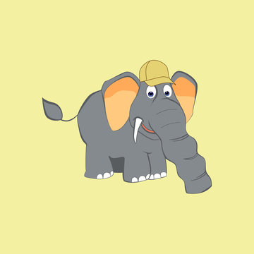 Cute elephant in a cap in a cartoon style. Funny character, maybe a builder, cleaner or for children's businesses