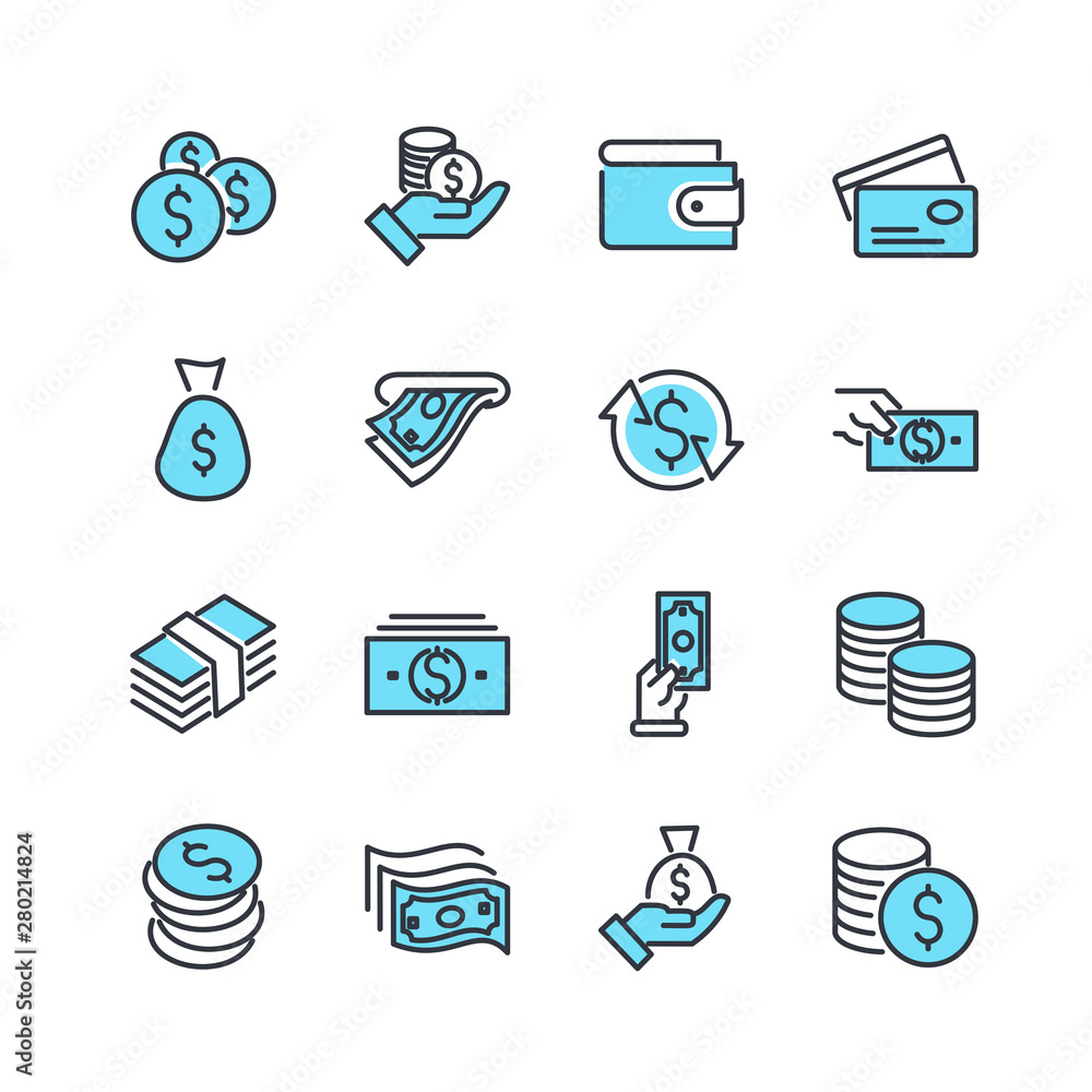 Poster simple of money related vector line icons set. wallet, atm, bundle of money, hand with a coin and mo