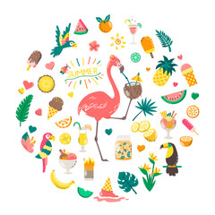 Cute summer composition with food, drinks, palm leaves, fruits and flamingo. Bright summertime poster. Collection of scrapbooking elements for beach party.