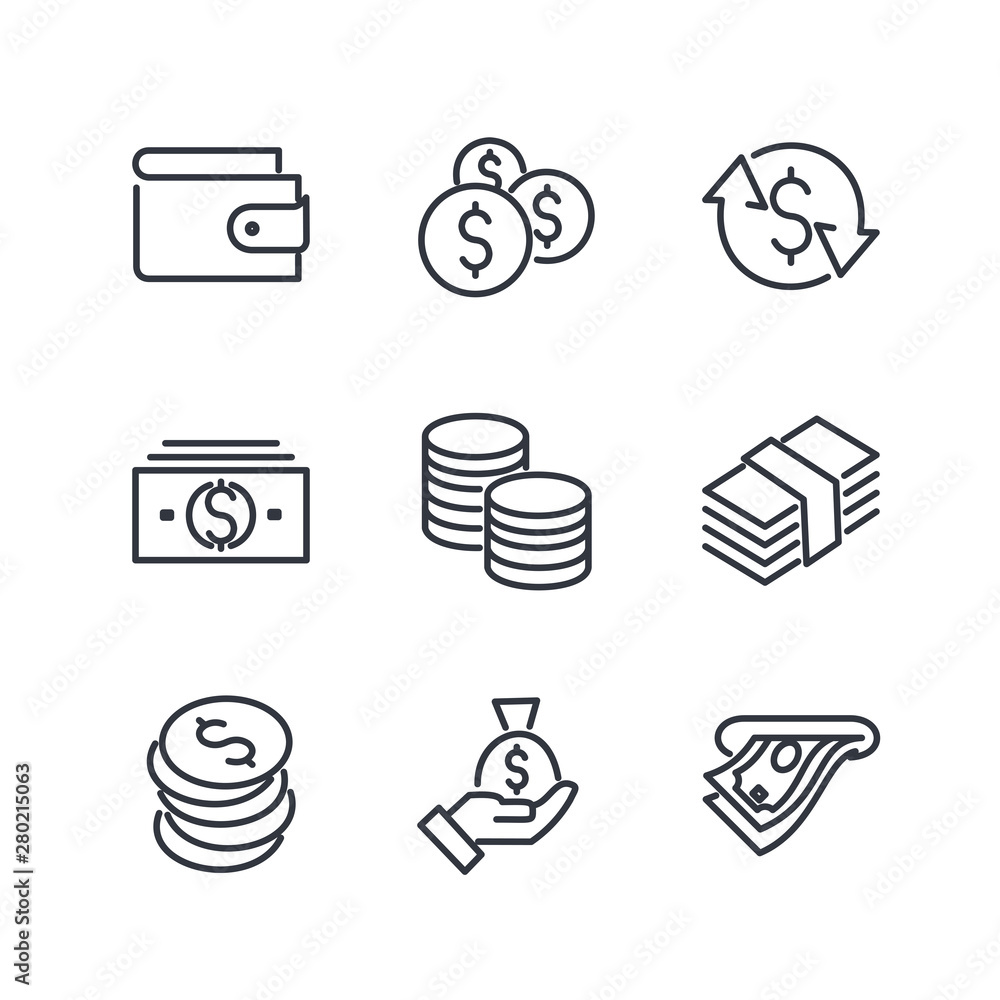 Aufkleber simple of money related vector line icons set. wallet, atm, bundle of money, hand with a coin and mo