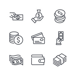 Simple of Money Related Vector Line Icons Set. Wallet, ATM, Bundle of Money, Hand with a Coin and more symbol. Editable Stroke.