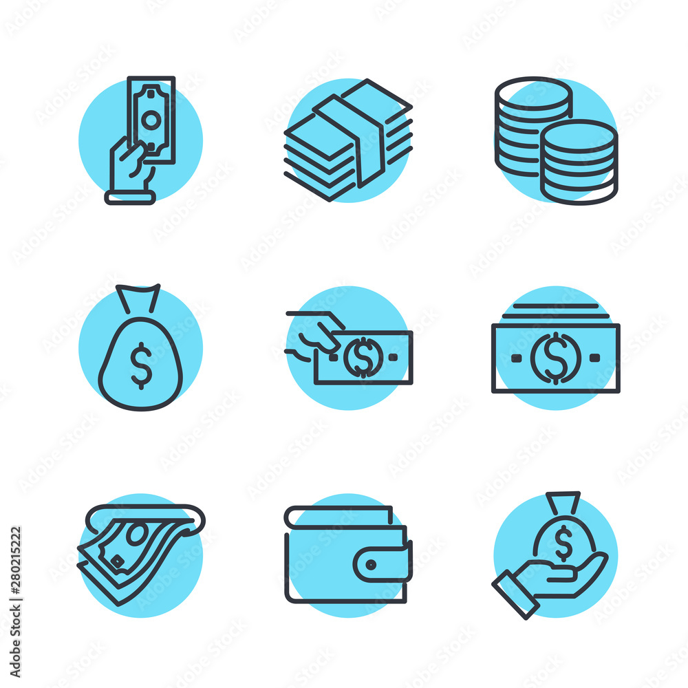 Poster simple of money related vector line icons set. wallet, atm, bundle of money, hand with a coin and mo