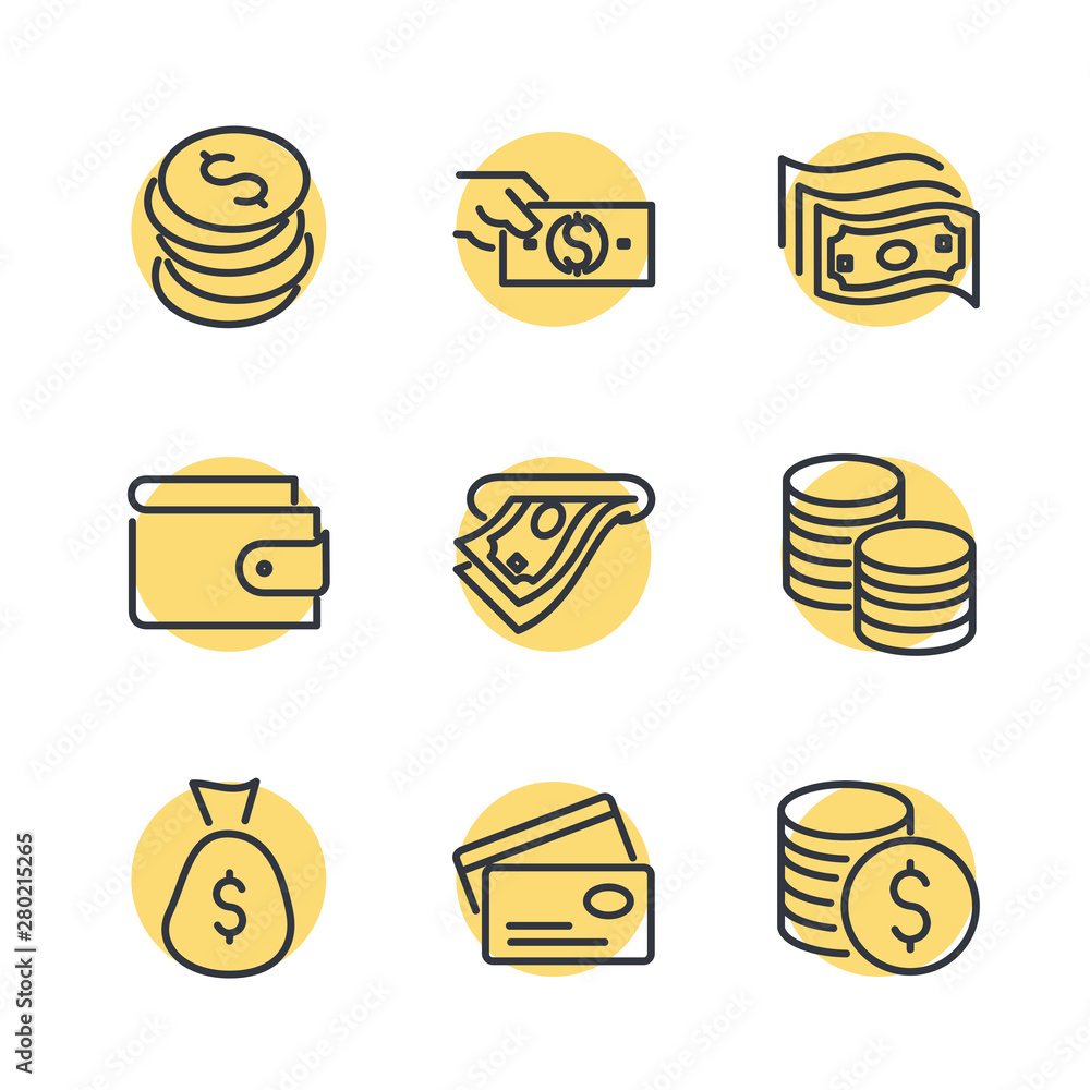 Poster simple of money related vector line icons set. wallet, atm, bundle of money, hand with a coin and mo