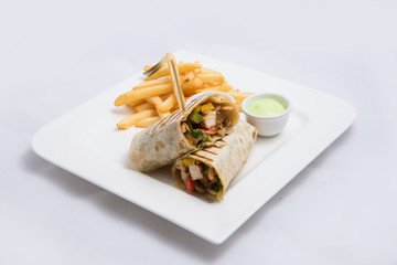 A low contrast Hero shot of a Chicken Pimiento sandwich with samurai & alger sauce & fries on the side, on a minimal white background with a 30 degree angle from diagonal perspective