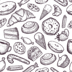 Hand-drawn eps10 vector seamless pattern with sweets.