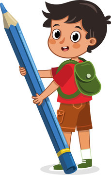 School boy at work with her giant pencil. Vector illustration.