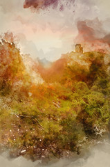 Naklejka premium Digital watercolour painting of Romantic fantasy magical castle ruins against stunning vibrant sunrise