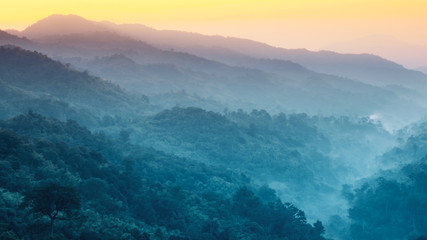 Fototapeta premium earth day and environment care travel concept from beautiful landscape of tropical forest with haze with soft focus of layer mountain background
