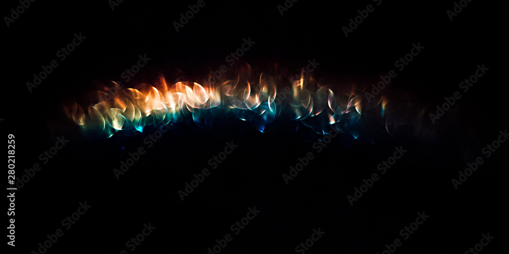 Poster Iridescent holographic rainbow background. Colorful lens flare bokeh texture on black