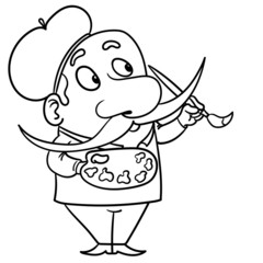 monochrome illustration of an artist with big mustache holding a paintbrush and palette in hand and painting something. Character, scribble, outline, comic, ink, sketch, doodle, vector, illustration, 