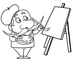 monochrome illustration of an artist with a big mustache holding a paintbrush and palette in hand and painting something on a canvas. Character, scribble, outline, comic, ink, sketch, doodle, vector