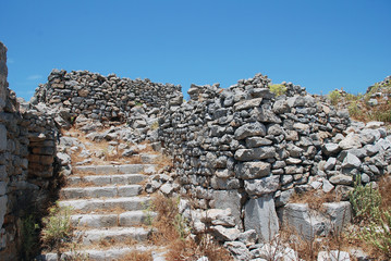 The ruins of the medieval Crusader Knights castle above Megalo Chorio on the Greek island of Tilos.