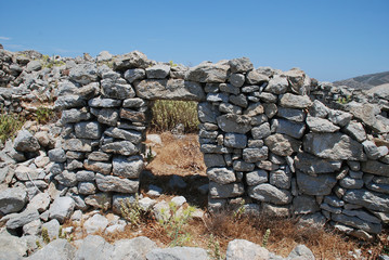 The ruins of the medieval Crusader Knights castle above Megalo Chorio on the Greek island of Tilos.