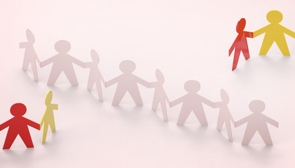 Paper cut Style concept of a leader and relationship with friendship and hand-holding of people in symbolic form on Inspiration style and modern pink paste background - 3D rendering