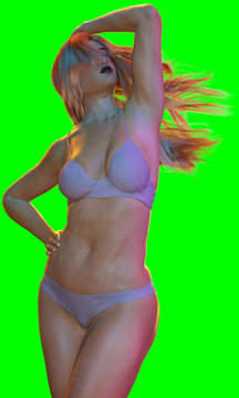 Fashionable and beautiful young woman with not perfect figure in a bikini with a complex studio color light. Expressive posture, hair in the wind. 3d render
