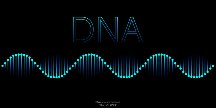 Abstract DNA molecule helix spiral wave blue green isolated on black background. Vector illustration in concept medical science, genetic biotechnology, chemistry biology, gene.