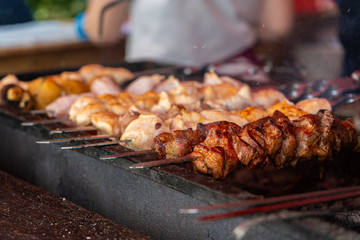 Shashlik  grilled cubes of meat,  a popular Russian food