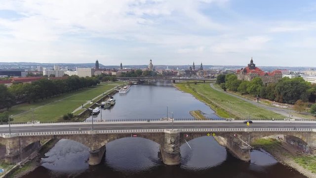 DRESDEN, GERMANY - JUNE, 2019: Aerial panorama drone view of Dresden historical city centre.