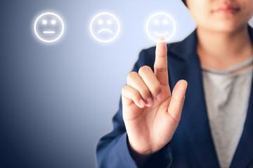 Business Woman Pressing Satisfaction Icon for Customer Feedback on Touch Screen., Media Survey or Poll Questionnaire, Efficiency Performance Satisfied Rate Concept, Digital Multimedia Rating Surveying