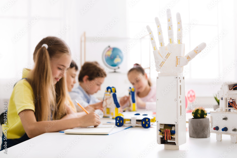Poster stem concept. smart children learning in class