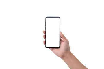 one asian hand holding mobile phone with white background and clipping pth