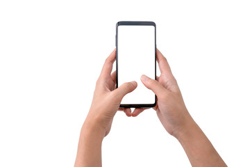 Two hand holding smartphone with white background and clipping path