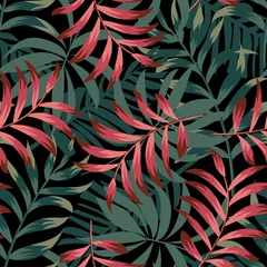 Trendiges abstraktes Muster mit bunten tropischen Blättern und Pflanzen auf schwarzem Hintergrund, Dschungel © EltaMax99