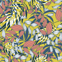 Summer abstract seamless pattern with colorful tropical leaves and plants on yellow background. Vector design. Jungle print. Flowers background. Printing and textiles. Exotic tropics. Fresh design.