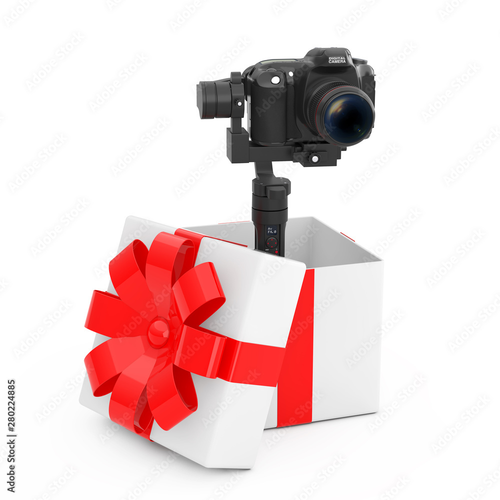 Aufkleber DSLR or Video Camera Gimbal Stabilization Tripod System Come Out of the Gift Box with Red Ribbon. 3d Rendering
