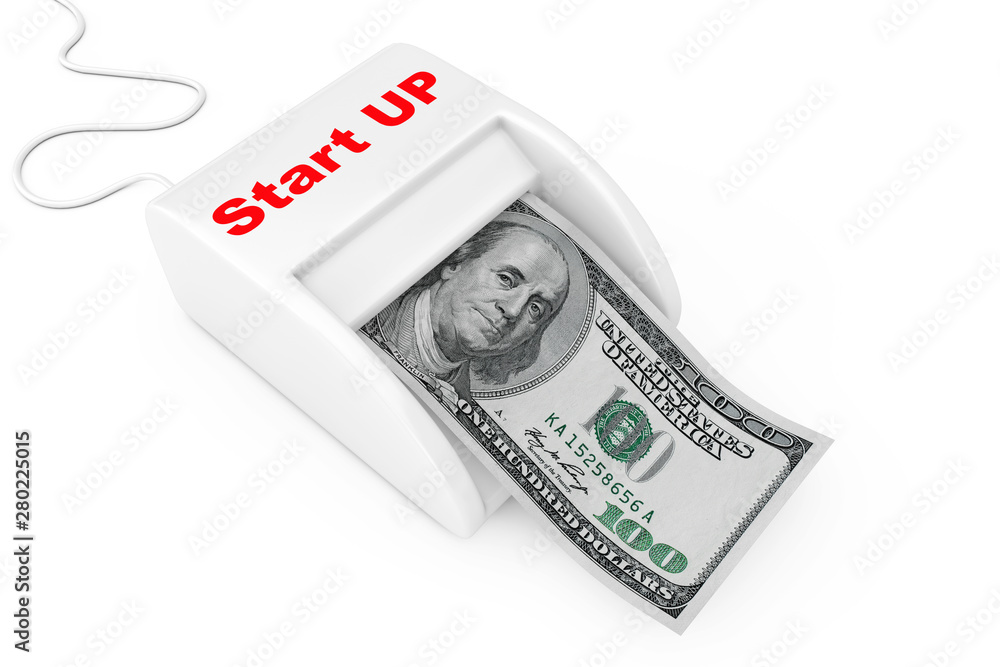 Poster make money with start up concept. money maker start up machine with dollars banknote. 3d rendering