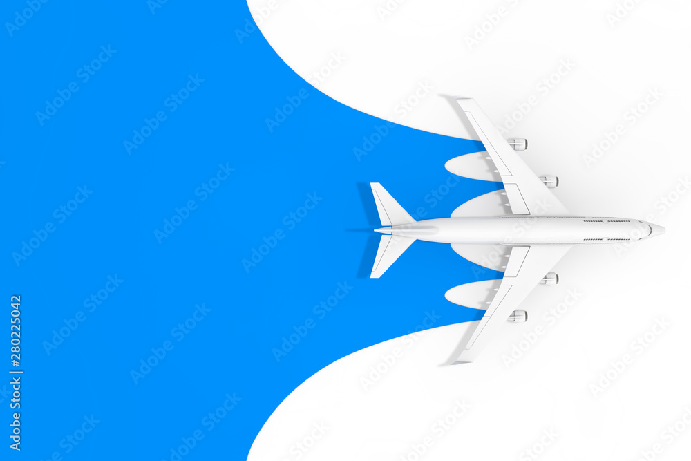 Poster Top View of White Jet Passenger's Airplane with Blank Space for Your Design Mock Up on a blue background. 3d Rendering