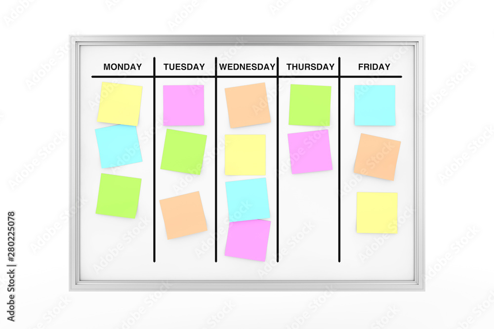 Aufkleber Process Daily Planning Office Magnetic Whiteboard with Color Sticky Memo Notes. 3d Rendering
