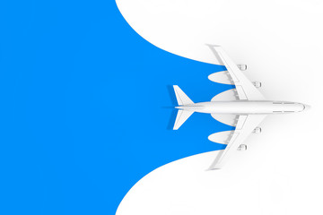 Top View of White Jet Passenger's Airplane with Blank Space for Your Design Mock Up on a blue background. 3d Rendering