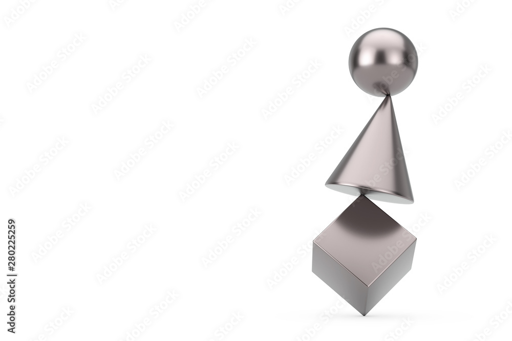 Poster metal cube, sphere and cone in balance concept. 3d rendering