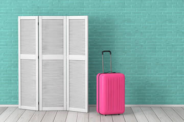 White Folding Wooden Dress Screen with Pink Suitcase in front of Brick Wall. 3d Rendering