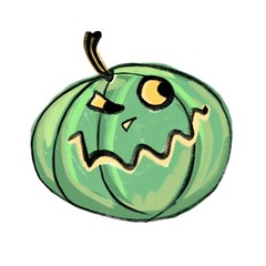 Unhappy Halloween pumpkin. Cartoon. Raster graphics. Isolated on a white background.