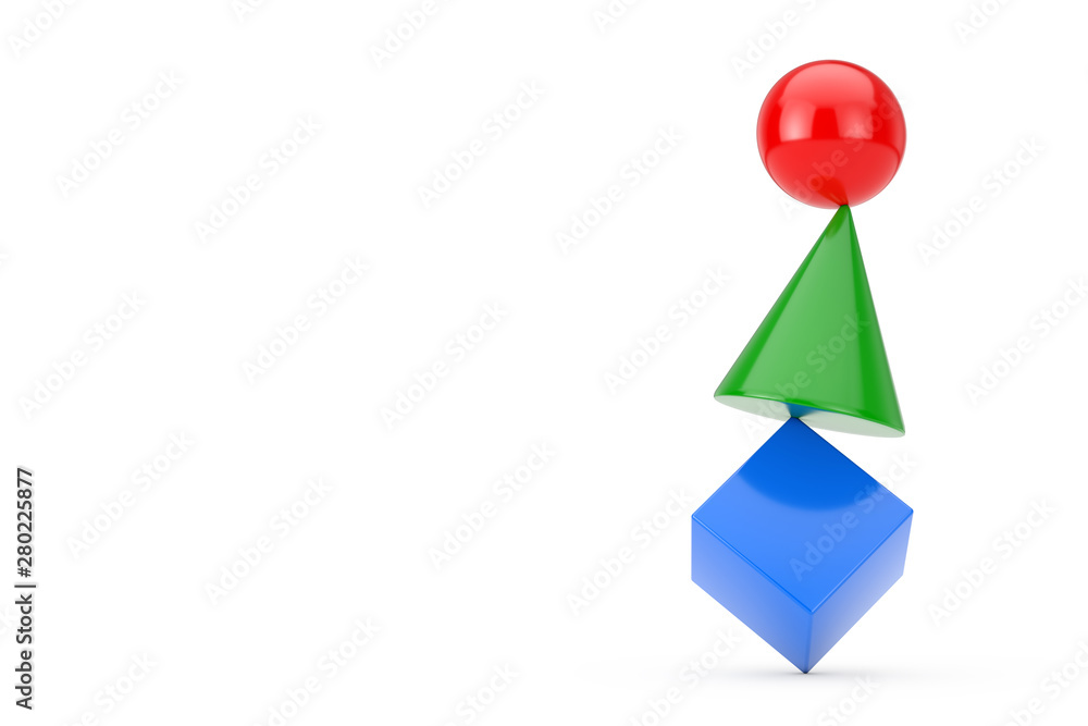 Poster multicolour cube, sphere and cone in balance concept. 3d rendering