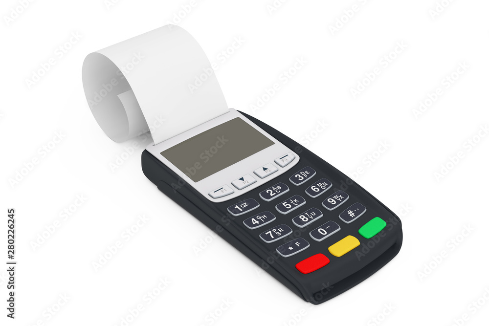 Poster bank terminal cash register pos machine for payment with blank rolled cach tape. 3d rendering