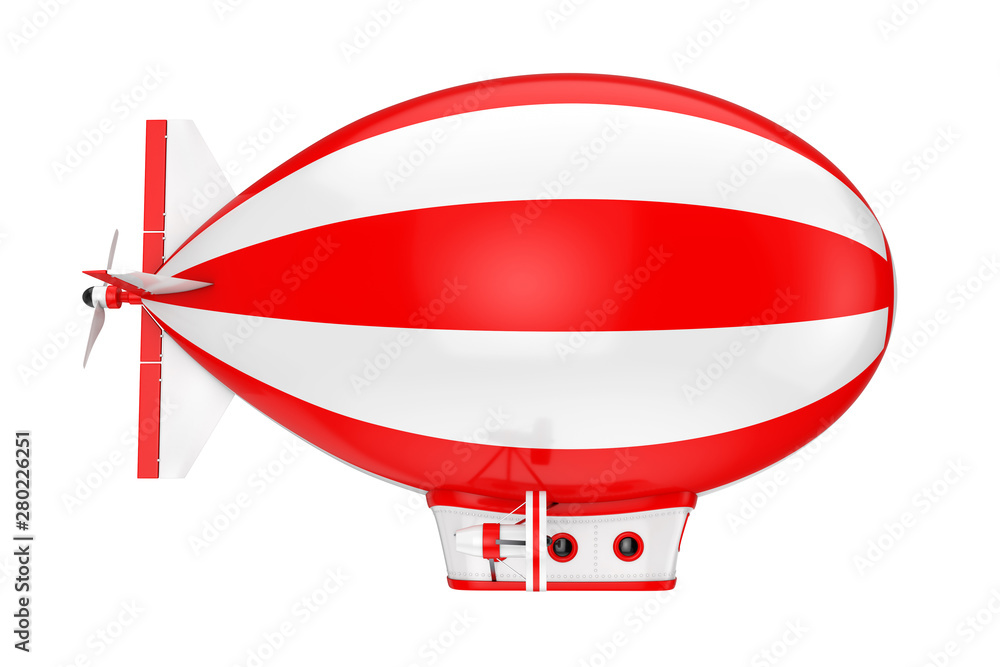 Poster red and white toy cartoon airship dirigible balloon. 3d rendering