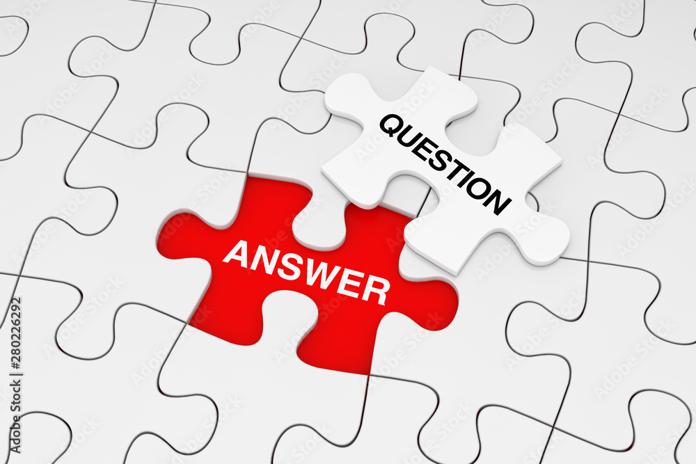Poster one piece of white jigsaw puzzle over plain of white puzzle with question and answer word. 3d render