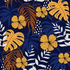Fotobehang Summer abstract seamless pattern with colorful tropical leaves and flowers on a dark background. Vector design. Jungle print. Flowers background. Printing and textiles. Exotic tropics. Fresh design. © EltaMax99
