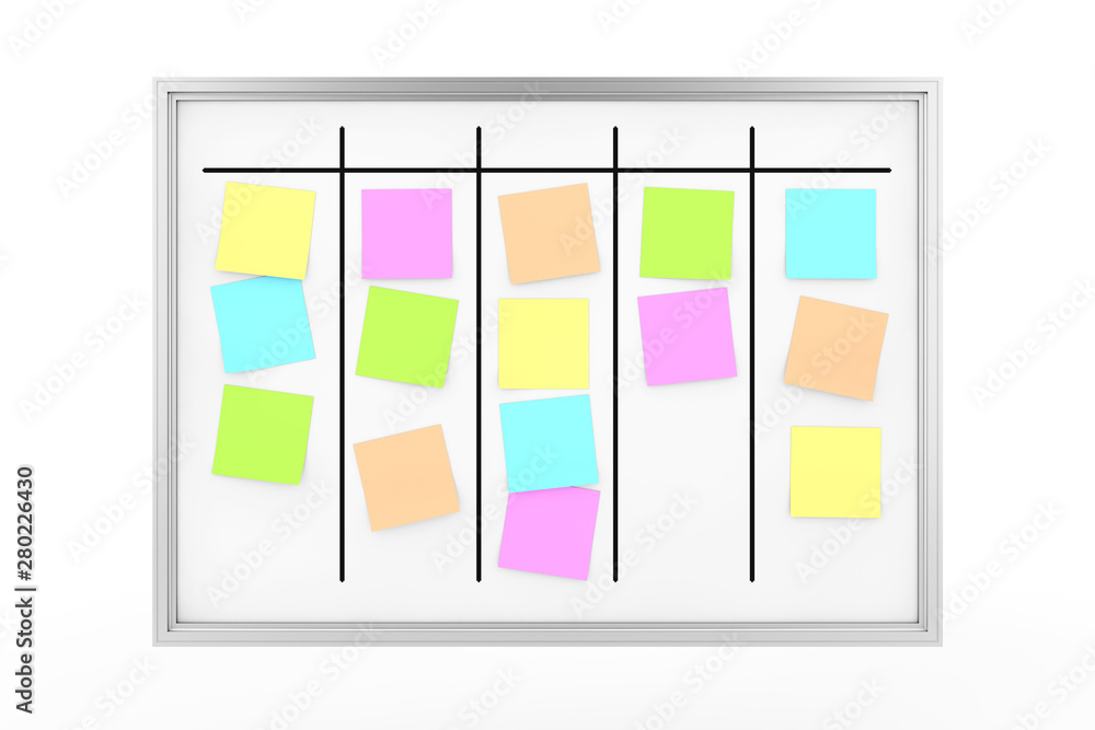 Aufkleber Process Planning Office Magnetic Whiteboard with Color Sticky Memo Notes. 3d Rendering