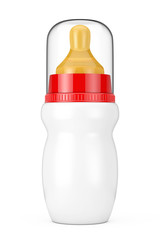 Empty Blank Baby Milk Bottle with Cap and Pacifier Mock Up. 3d Rendering