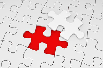 One Piece of White Jigsaw Puzzle over Plain of White Puzzle. 3d Rendering