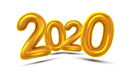 2020 New Year Greeting Card Concept Banner Vector. Glossy Yellow Air Blown Two Thousand Twenty 2020 On White Background. Invitation Xmas Party Creative Poster Realistic Illustration