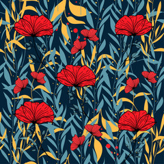 Abstract seamless pattern with colorful tropical leaves and flowers on blue background. Vector design. Jungle print. Flowers background. Printing and textiles. Exotic tropics. Fresh design.