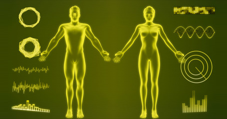Abstract man and woman hologram on yellow background 3d rendering. HUD elements, x-ray body, cyborg, digital data and radar interface set for futuristic Sci-Fi interface